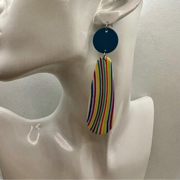 Boho Style Lightweight White Blue Soft Clay Statement Drop Earrings Stripes - Picture 8 of 12